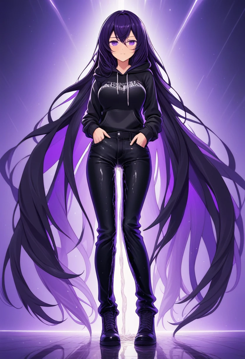 (masterpiece:1.37), best quality, (extremely detailed:1.37) woman, (mature:1.75), (adult:1.5), (very long hair:1.5), dark purple hair, purple eyes, (extremely detailed eyes:1.37), breasts stylish hoodie, jeans, (wetting herself:1.5), standing straight, full body day, daytime, glow, facing viewer, perfect composition, full body