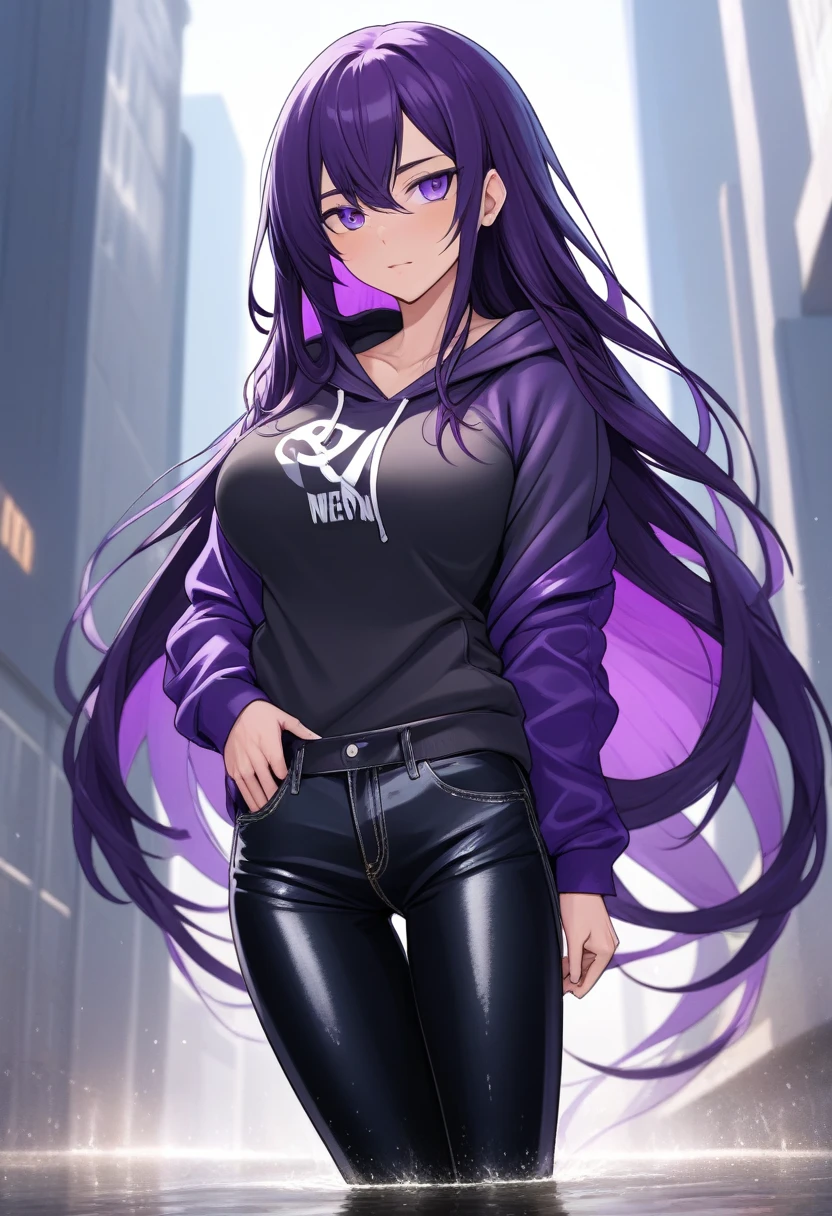 (masterpiece:1.37), best quality, (extremely detailed:1.37) woman, (mature:1.75), (adult:1.5), (very long hair:1.5), dark purple hair, purple eyes, (extremely detailed eyes:1.37), breasts stylish hoodie, jeans, (wetting herself:1.5), standing straight, full body day, daytime, glow, facing viewer, perfect composition, full body