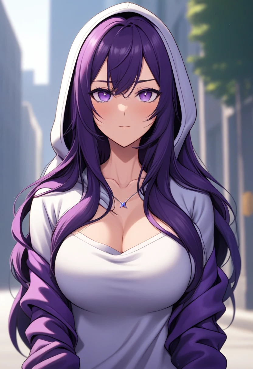 (masterpiece:1.37), best quality, (extremely detailed:1.37) woman, (mature:1.75), (adult:1.5), (very long hair:1.5), dark purple hair, purple eyes, (extremely detailed eyes:1.37), breasts stylish hoodie, jeans, (wetting herself:1.5), standing straight, full body day, daytime, glow, facing viewer, perfect composition, full body