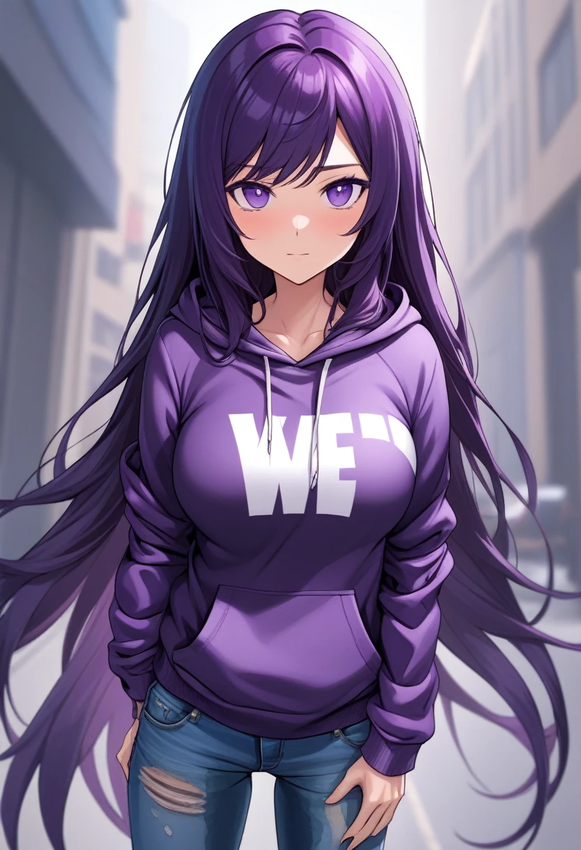 (masterpiece:1.37), best quality, (extremely detailed:1.37) woman, (mature:1.75), (adult:1.5), (very long hair:1.5), dark purple hair, purple eyes, (extremely detailed eyes:1.37), breasts stylish hoodie, jeans, (wetting herself:1.5), standing straight, full body day, daytime, glow, facing viewer, perfect composition, full body