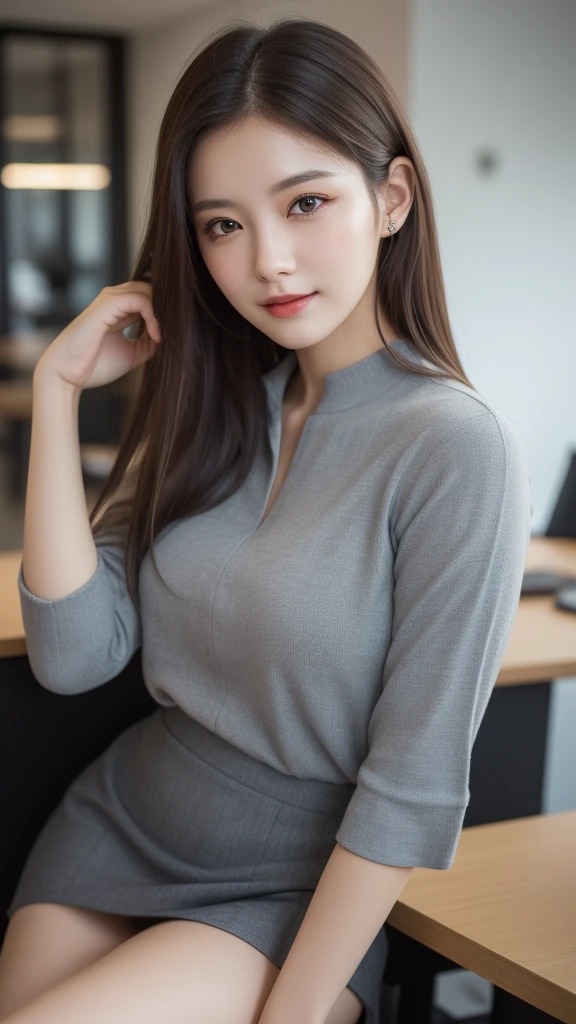 (1girl), (round eyes:1.2), (highly detailed face and eyes), smile, Amazing face and eyes, (No sleeve:1.2), (Best Quality:1.4), (Ultra-detailed), (extremely detailed CG unified 8k wallpaper), Highly detailed, High-definition raw color photos, Professional Photography, Realistic portrait, Amazing face and eyes, indoors, office, (office lady, casual, No sleeve, mini Skirt:1.3), (A moment of relaxation), model, depth of fields, (fine face:1.2),