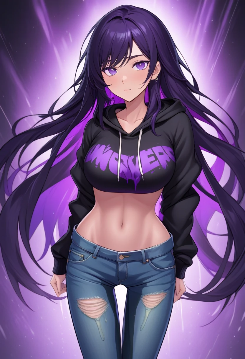 (masterpiece:1.37), best quality, (extremely detailed:1.37) woman, (mature:1.75), (adult:1.5), (very long hair:1.5), dark purple hair, purple eyes, (extremely detailed eyes:1.37), breasts stylish hoodie, jeans, (wetting herself:1.5), standing straight, full body day, daytime, glow, facing viewer, perfect composition, full body