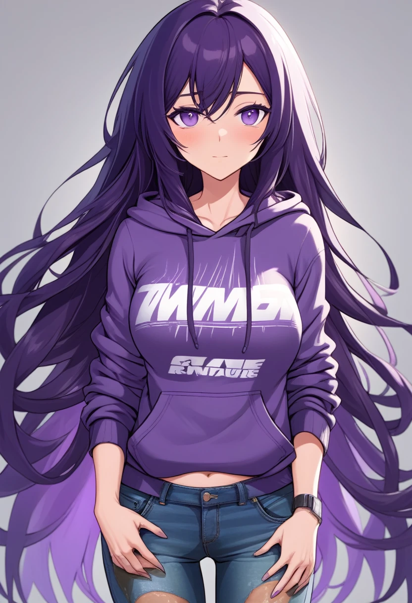 A beautiful woman with a mature face and long wisteria-purple hair tied in a ponytail with a pale pink ribbon.。White gym clothes。dark blue buruma。