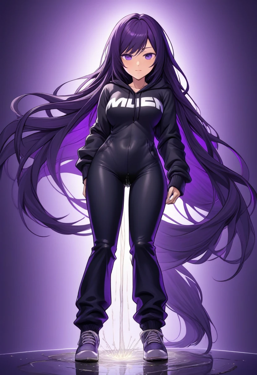 (masterpiece:1.37), best quality, (extremely detailed:1.37) woman, (mature:1.75), (adult:1.5), (very long hair:1.5), dark purple hair, purple eyes, (extremely detailed eyes:1.37), breasts stylish hoodie, jeans, (wetting herself:1.5), standing straight, full body day, daytime, glow, facing viewer, perfect composition, full body