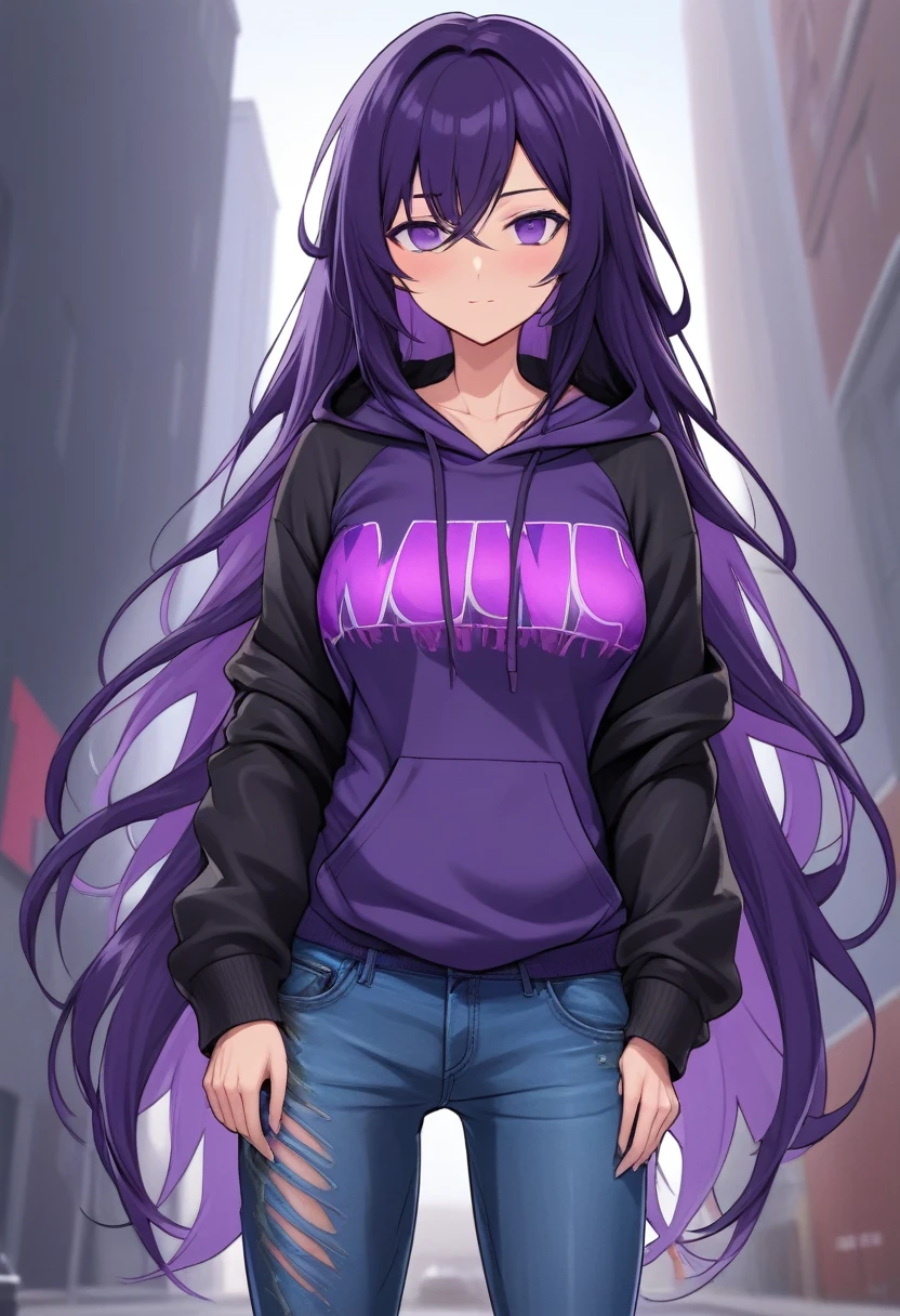 (masterpiece:1.37), best quality, (extremely detailed:1.37) woman, (mature:1.75), (adult:1.5), (very long hair:1.5), dark purple hair, purple eyes, (extremely detailed eyes:1.37), breasts stylish hoodie, jeans, (wetting herself:1.5), standing straight, full body day, daytime, glow, facing viewer, perfect composition, full body