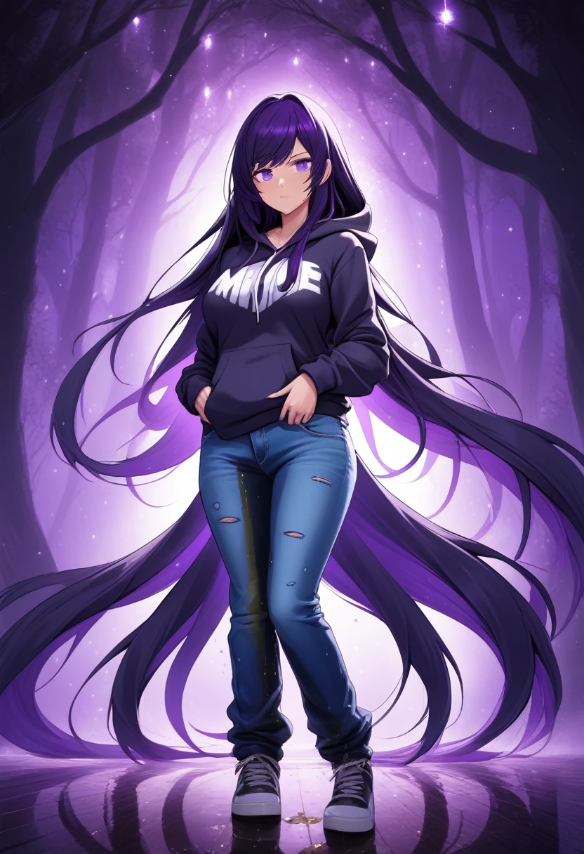 (masterpiece:1.37), best quality, (extremely detailed:1.37) woman, (mature:1.75), (adult:1.5), (very long hair:1.5), dark purple hair, purple eyes, (extremely detailed eyes:1.37), breasts stylish hoodie, jeans, (wetting herself:1.5), standing straight, full body day, daytime, glow, facing viewer, perfect composition, full body