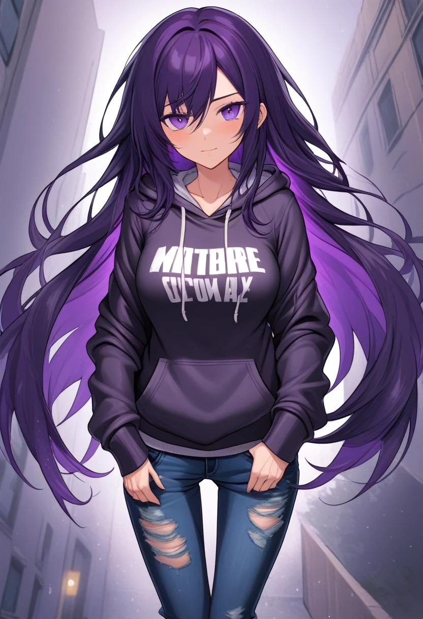 (masterpiece:1.37), best quality, (extremely detailed:1.37) woman, (mature:1.75), (adult:1.5), (very long hair:1.5), dark purple hair, purple eyes, (extremely detailed eyes:1.37), breasts stylish hoodie, jeans, (wetting herself:1.5), standing straight, full body day, daytime, glow, facing viewer, perfect composition, full body