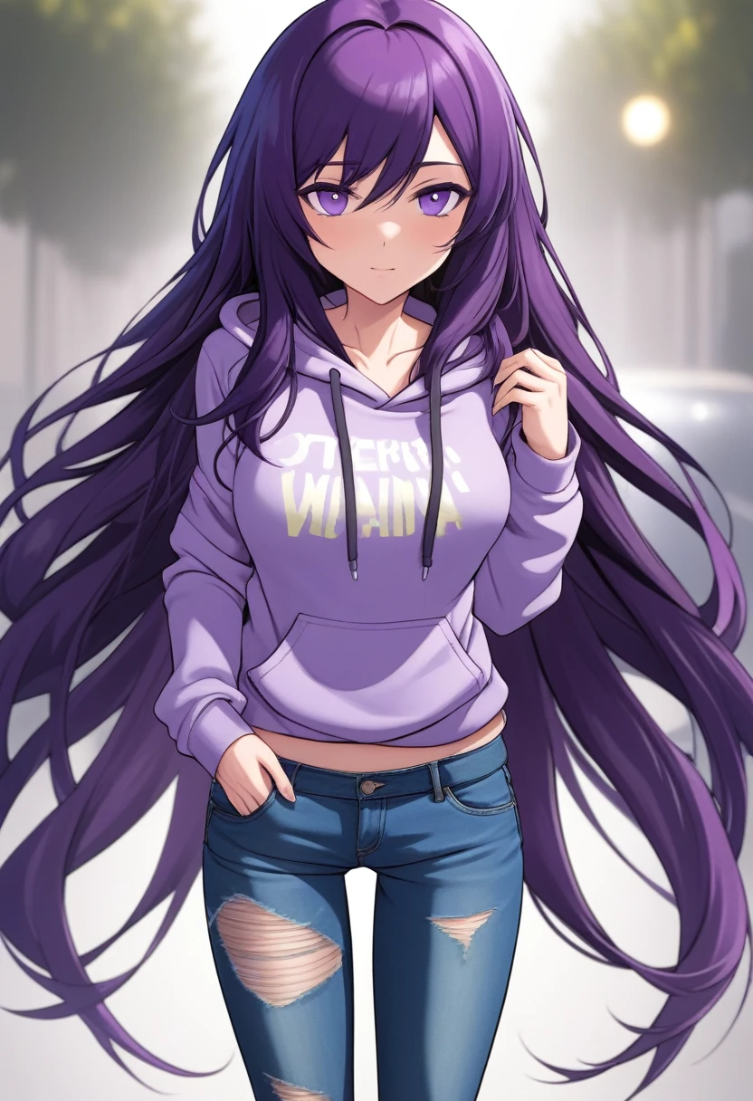 (masterpiece:1.37), best quality, (extremely detailed:1.37) woman, (mature:1.75), (adult:1.5), (very long hair:1.5), dark purple hair, purple eyes, (extremely detailed eyes:1.37), breasts stylish hoodie, jeans, (wetting herself:1.5), standing straight, full body day, daytime, glow, facing viewer, perfect composition, full body