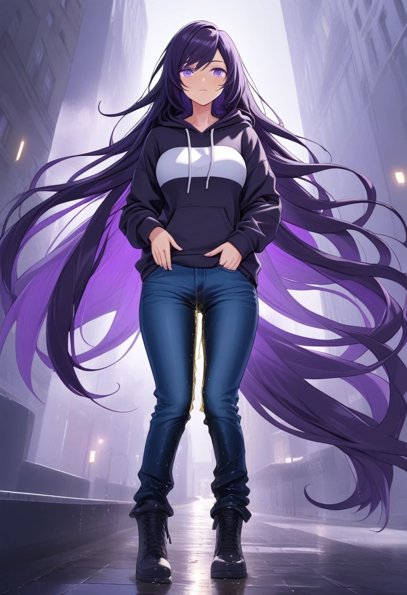 (masterpiece:1.37), best quality, (extremely detailed:1.37) woman, (mature:1.75), (adult:1.5), (very long hair:1.5), dark purple hair, purple eyes, (extremely detailed eyes:1.37), breasts stylish hoodie, jeans, (wetting herself:1.5), standing straight, full body day, daytime, glow, facing viewer, perfect composition, full body