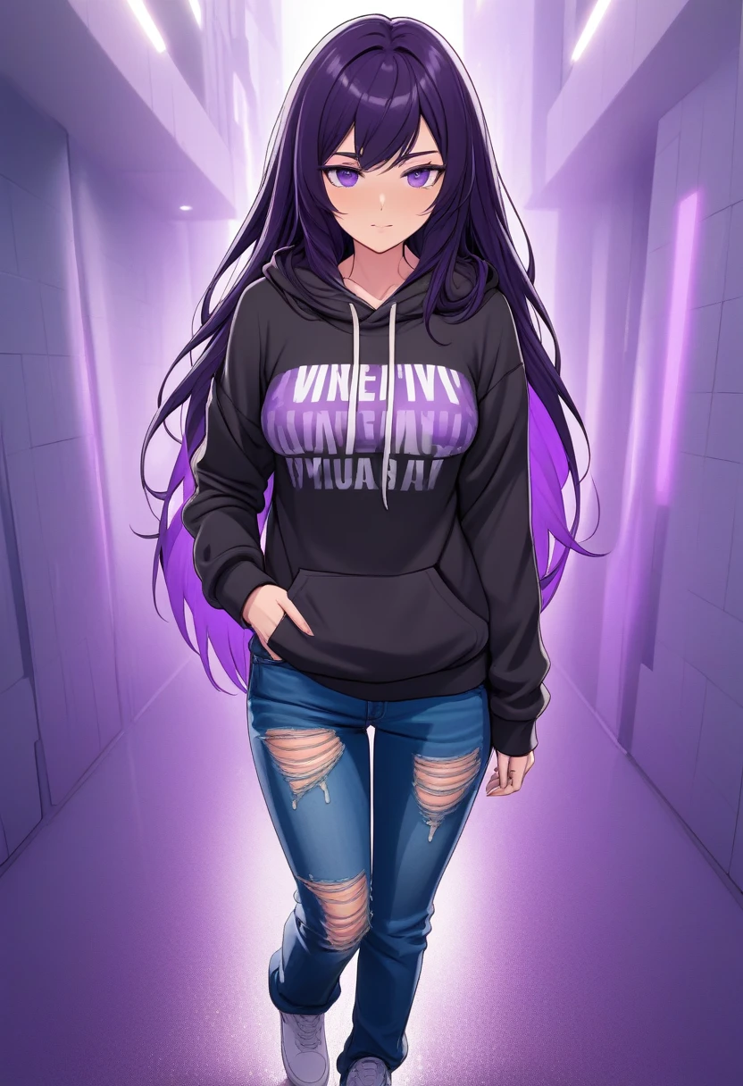 (masterpiece:1.37), best quality, (extremely detailed:1.37) woman, (mature:1.75), (adult:1.5), (very long hair:1.5), dark purple hair, purple eyes, (extremely detailed eyes:1.37), breasts stylish hoodie, jeans, (wetting herself:1.5), standing straight, full body day, daytime, glow, facing viewer, perfect composition, full body