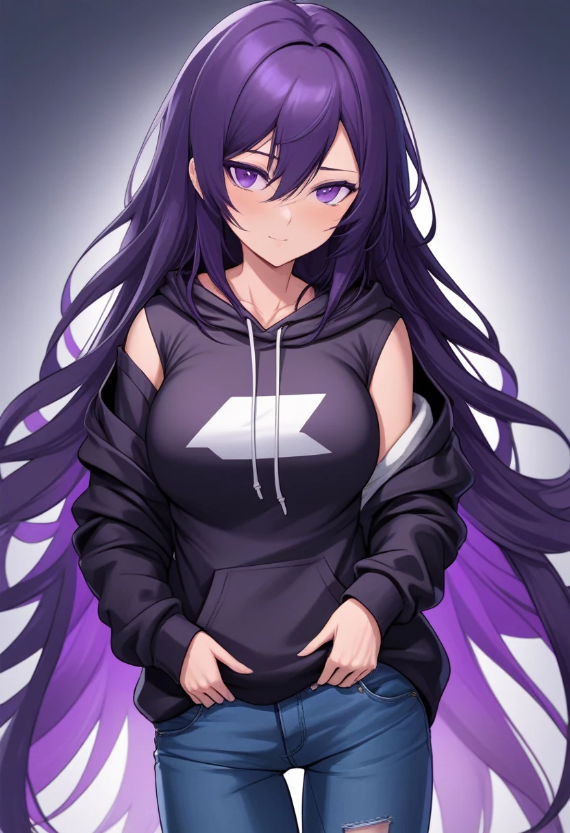 (masterpiece:1.37), best quality, (extremely detailed:1.37) woman, (mature:1.75), (adult:1.5), (very long hair:1.5), dark purple hair, purple eyes, (extremely detailed eyes:1.37), breasts stylish hoodie, jeans, (wetting herself:1.5), standing straight, full body day, daytime, glow, facing viewer, perfect composition, full body