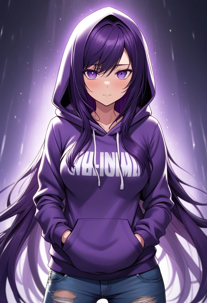 (masterpiece:1.37), best quality, (extremely detailed:1.37) woman, (mature:1.75), (adult:1.5), (very long hair:1.5), dark purple hair, purple eyes, (extremely detailed eyes:1.37), breasts stylish hoodie, jeans, (wetting herself:1.5), standing straight, full body day, daytime, glow, facing viewer, perfect composition, full body