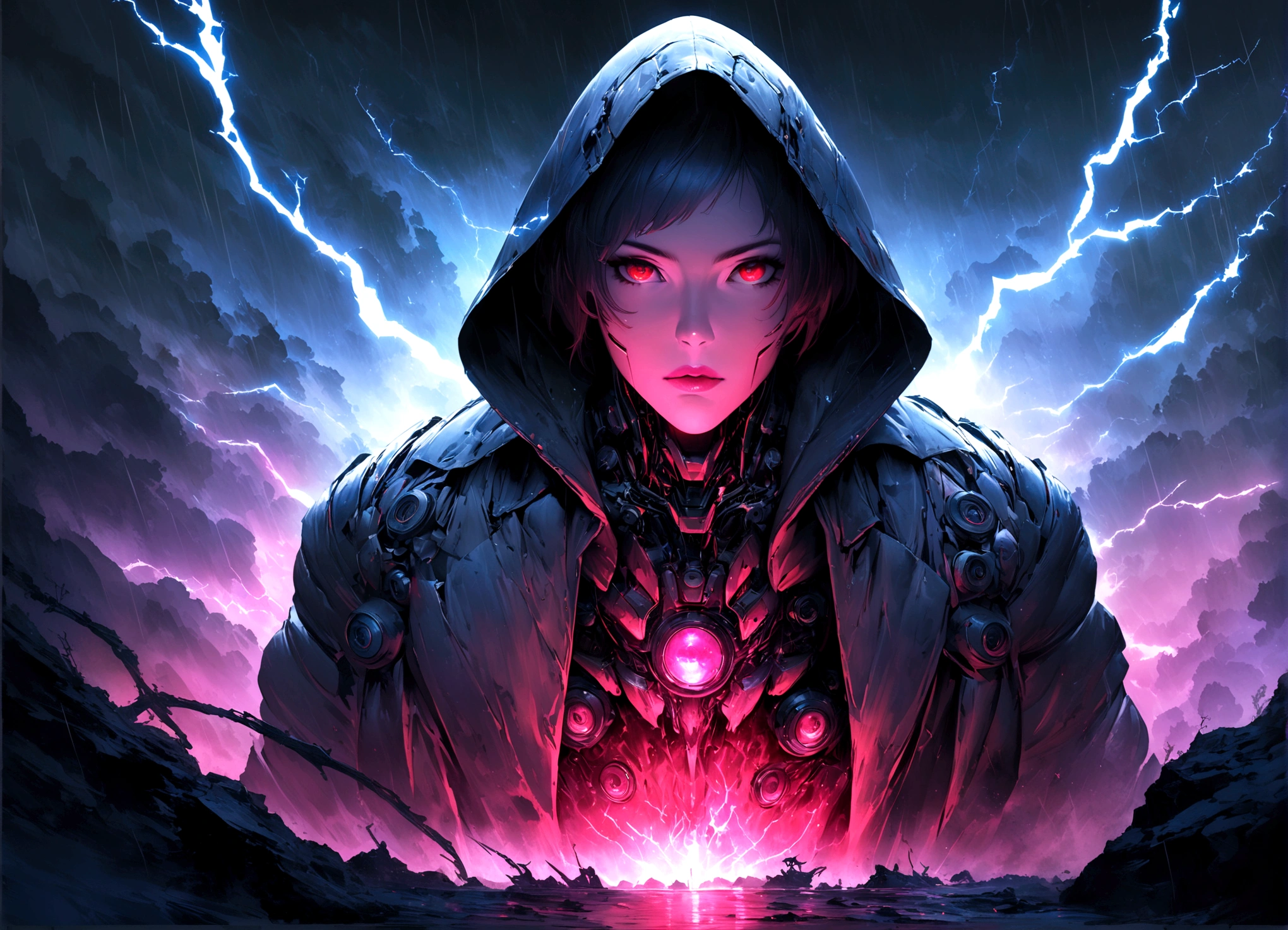 masterpiece, cyborg, The body is a mechanic, Wearing a hood, Shrouded in shadow, , Positano colours, Completely in frame, whole body, Emits electrical energy, whole body, Beautiful anime waifu style man, Ultra-detailed CG paintings, Luminism, Art by Kahn Griffith and Vadim Kashin Concept Art, 8K resolution, Fractal isometric details Bioluminescence , complicatedly detailed , Cinematic, trending on art station Isometric Centered hyper Realistic cover photo awesome full color, Grainy, Realistic, complicated, Hit definition , Cinematic, Bold, Vibrant, amazing, Super high quality model、Being pelted by rain in the dark、Controlling Lightning、Red eyes