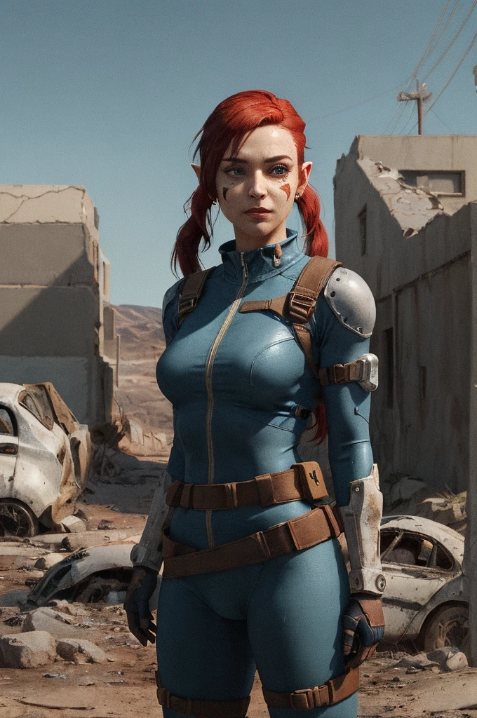Create a digital art piece featuring Sweetie Fox in the Fallout universe. She stands at 5'5" with a slender yet strong build, sporting her iconic red hair tied back in a practical ponytail. Her piercing blue eyes exhibit a mixture of determination and vulnerability. Dressed in a modified Vault-Tec jumpsuit, she blends practicality with her unique flair, adding elements of her well-know fox cosplay – think pointed ears and subtle fox-like markings. She is armed with a laser rifle slung over her shoulder, and her belt is adorned with pouches and gadgets, ready to face the post-apocalyptic wasteland. The backdrop is a desolate landscape, with remnants of a ruined city behind her, capturing the eerie, yet intriguing essence of Fallout.