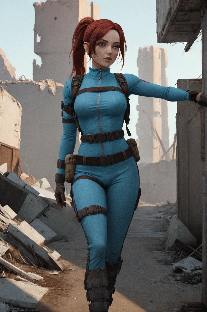 Create a digital art piece featuring Sweetie Fox in the Fallout universe. She stands at 5'5" with a slender yet strong build, sporting her iconic red hair tied back in a practical ponytail. Her piercing blue eyes exhibit a mixture of determination and vulnerability. Dressed in a modified Vault-Tec jumpsuit, she blends practicality with her unique flair, adding elements of her well-know fox cosplay – think pointed ears and subtle fox-like markings. She is armed with a laser rifle slung over her shoulder, and her belt is adorned with pouches and gadgets, ready to face the post-apocalyptic wasteland. The backdrop is a desolate landscape, with remnants of a ruined city behind her, capturing the eerie, yet intriguing essence of Fallout.