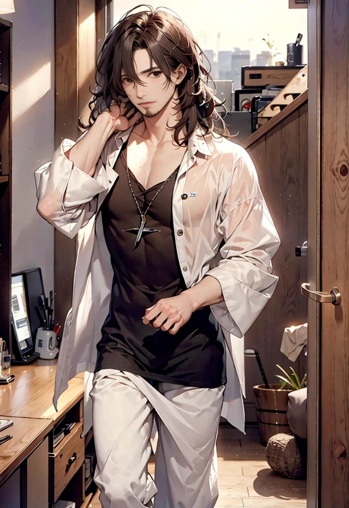 (8k, RAW Photos, The best quality, Masterpiece:1.2), (being realistic, realistic photography:1.4), lightning, A high resolution,hexagons,(1 neocruz boys), black fur,long hair, messy hair, Brown eyes, opulent, soft skin, (oval shaped face:1.1)goatee, lightning profesional, Photon mapping, city radio, physically based rendering, elegant, sexy masculinity,Carry white tangusculature.,full body naked,massive lump,