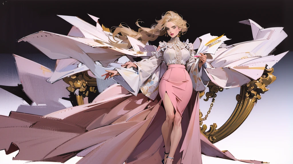 1 girl, solo, ((best quality,4k,highres,masterpiece:1.2)),((character concept art)), 1 female, 33-year-old university teacher, ((elegant, ethereal beauty)), brunette hair, (fair skin colour), ultra finely detailed eyes (hazel eyes colour), hot, intelligent, educational enthusiast, slim body build, ((intricate detail)), super finely detailed hands, ultra finely detailed fingers(((ten fingers))), wearing outfit:((form-fitting blouse, pencil skirt, heels)), (standing professionally), (full body showcase), (show full body), (no logos on background), (no logo), ((plain background)), ((plain background)), (((empty background)))