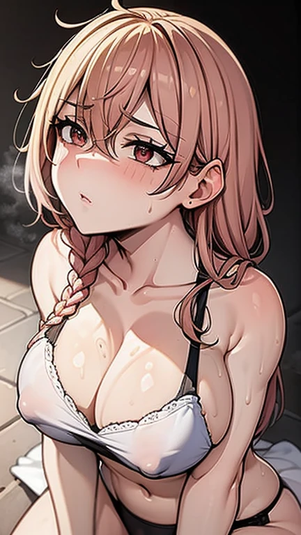 Best picture quality, 8K, tmasterpiece:1.3)),  Beautiful woman with slender abs:1.3, (Casual hairstyle, Leaky big breasts:1.2), hands tied behind her back, shift dresses:1.1, Ultra-fine face, pink rose hair, ((underboob)),A detailed eye, double eyelid，(BDSM:1.3)，Transparent swimsuit at home, and its fullness, Wet clothes, hyper HD, Masterpiece, High details, High quality, Massut works of the highest quality, of the highest quality, hyper HD, max res, Very detailed, Clean skin, アニメ, full body, slender, Very cute, , Braided hair, lying down, wide open legs, Raised Legs, Erotic lingerie, half-shedding clothes, Half flows down, Wet clothes,, Clothing visible at the tip of the chest, Sweat, Light clothes, clothes with a see-through tummy, underbust, Embarrassed, Blushing, kneeling, sideviewblowjob, sitting on her knees, spread thighs, hands tied behind, sexy pose, kneeling, sexy maid dress, eye contact with a man above her, a man standing above her, (looking up at a man:1.6), intense eye contact