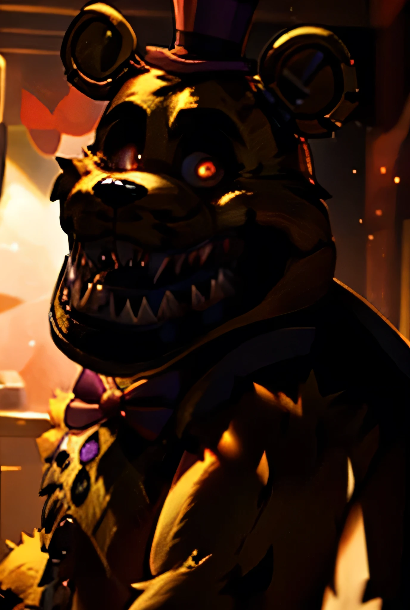 A drawing of Fredbear,a horrifying anthropomorphic bear with sharp teeth, claws, golden fur, cute eyes, cute expression, highly detailed, hyper realistic, gothic, cute core, pink dramatic lighting, cinematic composition