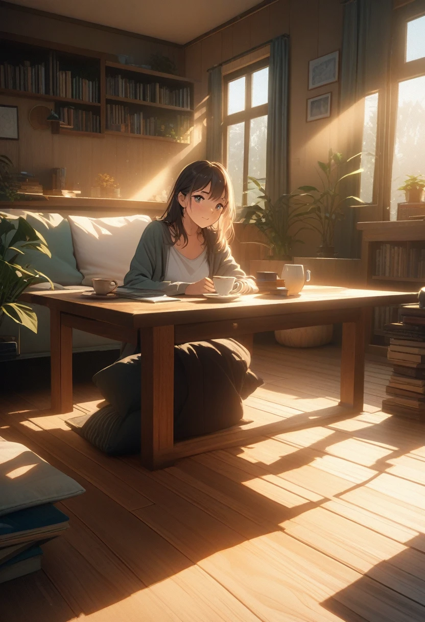A high-quality, high-resolution anime illustration of a 20-year-old beautiful woman, full-body, standing in a cozy living room, detailed background, warm colors, casual clothing, sunlight streaming through the window, coffee table with a cup of tea, bookshelf filled with books, plants in the corner, realistic lighting, morning light, relaxed atmosphere, soft shadows, wooden floor, modern decor, comfortable and inviting space, high detail, vibrant colors, expressive facial features, natural pose