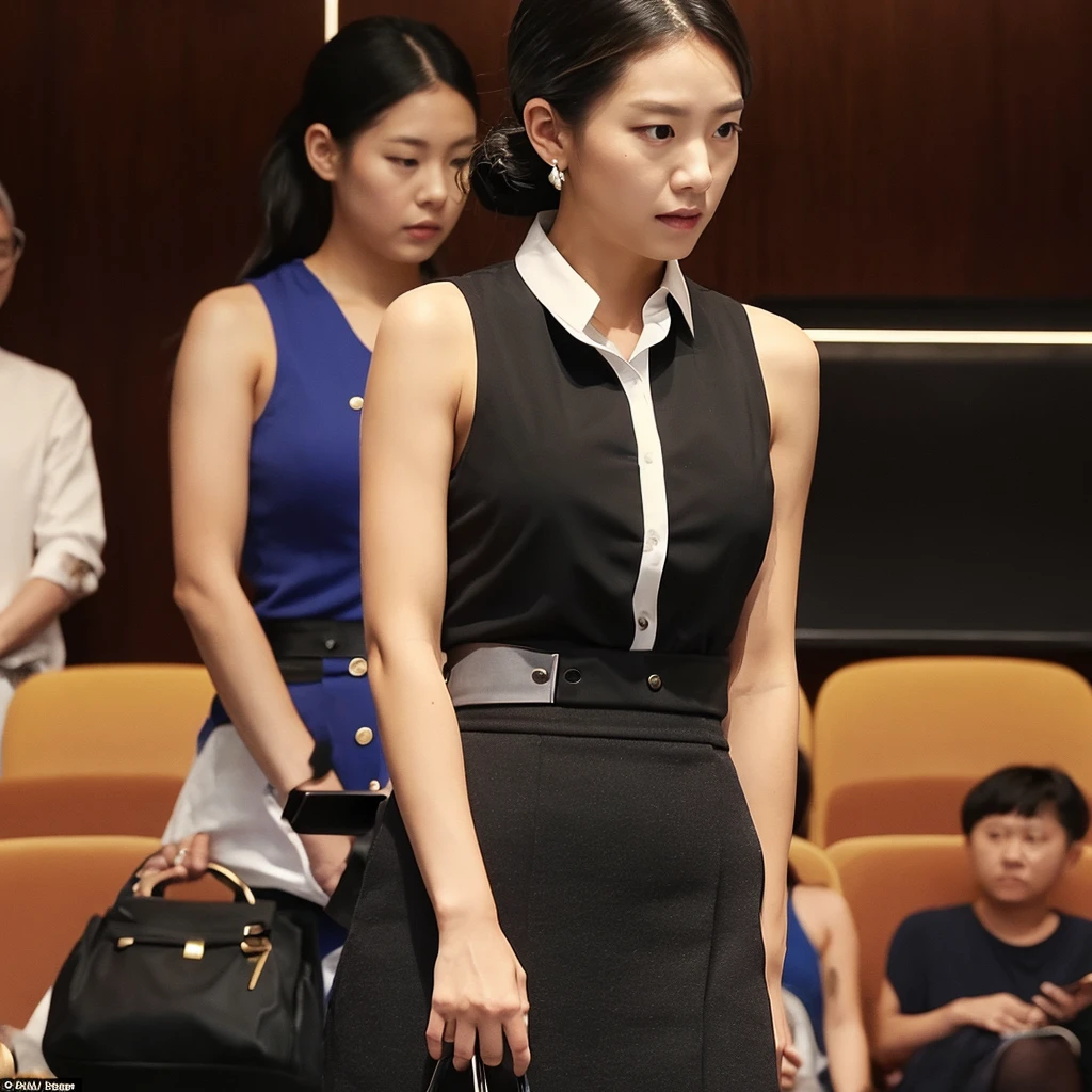 high quality，Perfect body：1.4，Close-up of a beautiful woman at work，Black bun，White collar sleeveless shirt tied at the bottom，Black long skirt，Showing a thin belly and belly button，Right hand grabs the black handbag on the right shoulder，Stand up straight, chest and abdomen tucked in，Body facing the audience，Waiting patiently alone in the golden elevator。
