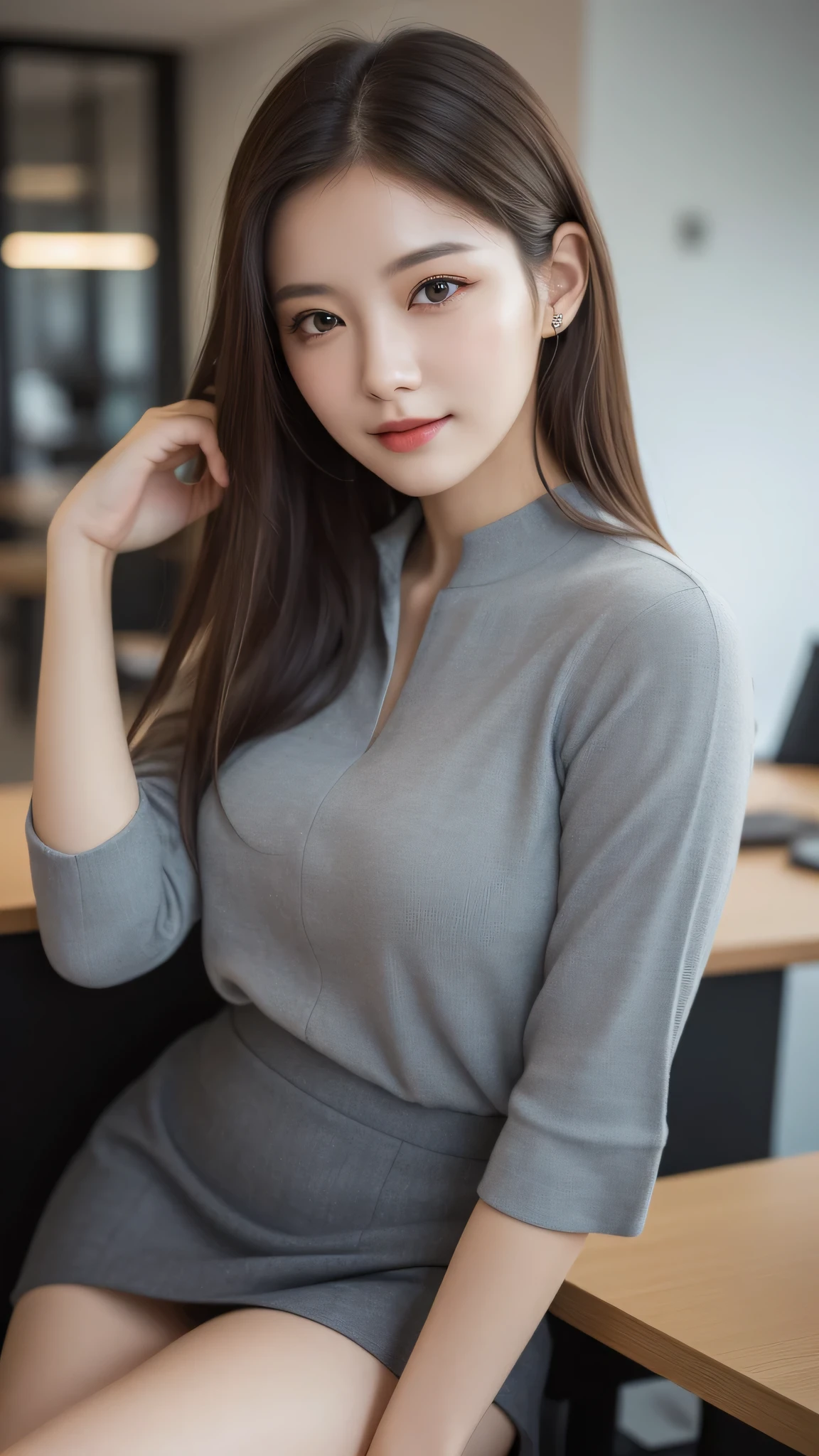 (1girl), (round eyes:1.2), (highly detailed face and eyes), smile, Amazing face and eyes, (No sleeve:1.2), (Best Quality:1.4), (Ultra-detailed), (extremely detailed CG unified 8k wallpaper), Highly detailed, High-definition raw color photos, Professional Photography, Realistic portrait, Amazing face and eyes, indoors, office, (office lady, casual, No sleeve, mini Skirt:1.3), (A moment of relaxation), model, depth of fields, (fine face:1.2),