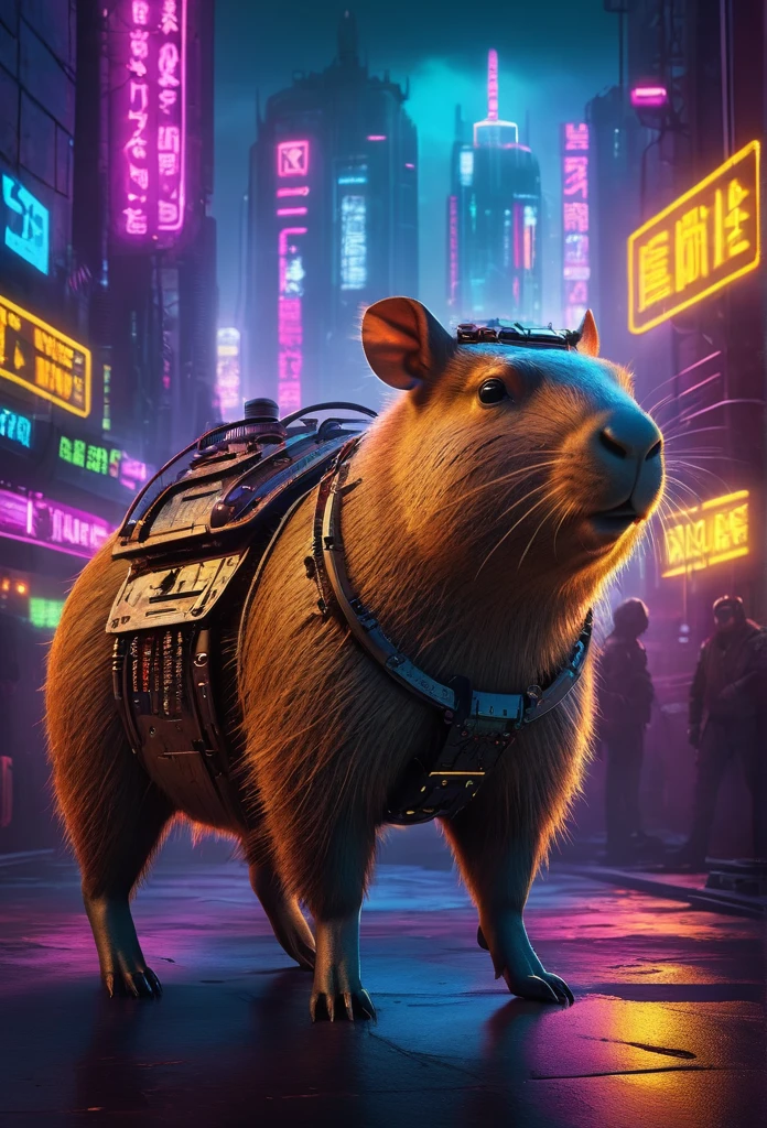 cyberpunk capybara, steampunk elements, seamlessly blended cyberpunk environment, mysterious and dystopian ambiance, masterpiece digital art, highly detailed, 8k, photorealistic, cinematic lighting, vibrant colors, intricate mechanical details, glowing cybernetic enhancements, dynamic pose, dramatic shadows, neon city background, gritty futuristic atmosphere