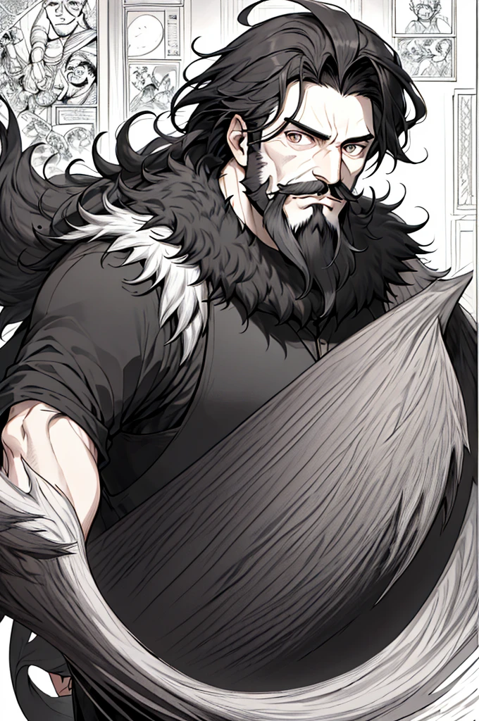 neocruz messy hair, black fur, wide, mustache with goatee beard, The lord of shadows hyper realistic super detailed line art comic style, black and white comic, Sleeve style, pointillism , achurado, black plastas