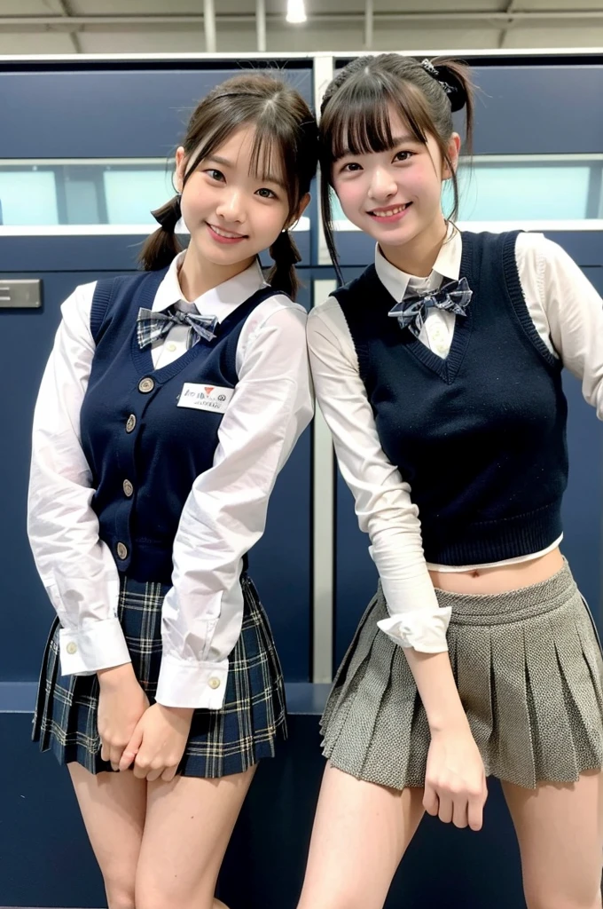 2 girls standing in shinkansen station,navy blue knitted vest over white shirt,white thong,navy blue pleated micro mini skirt,plaid bow tie,hands on crotch,spreading legs apart,18-year-old,bangs,a little smile,thighs,knees,short hair with low pigtails,from before,front light