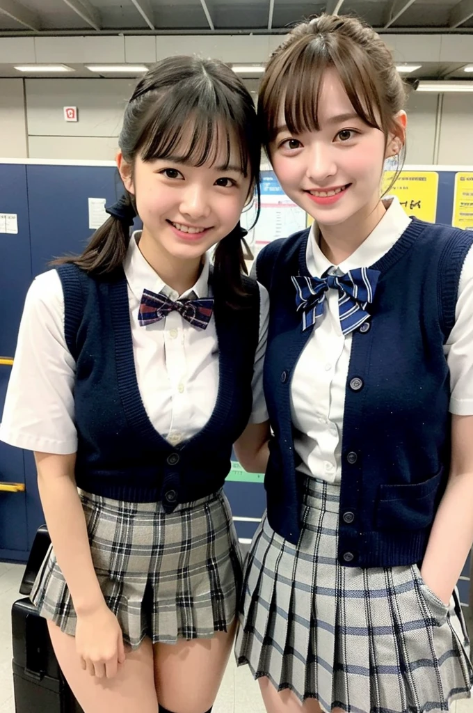 2 girls standing in shinkansen station,navy blue knitted vest over white shirt,white thong,navy blue pleated micro mini skirt,plaid bow tie,hands on crotch,spreading legs apart,18-year-old,bangs,a little smile,thighs,knees,short hair with low pigtails,from before,front light