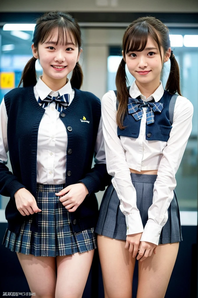2 girls standing in shinkansen station,navy blue knitted vest over white shirt,white thong,navy blue pleated micro mini skirt,plaid bow tie,hands on crotch,spreading legs apart,18-year-old,bangs,a little smile,thighs,knees,short hair with low pigtails,from before,front light