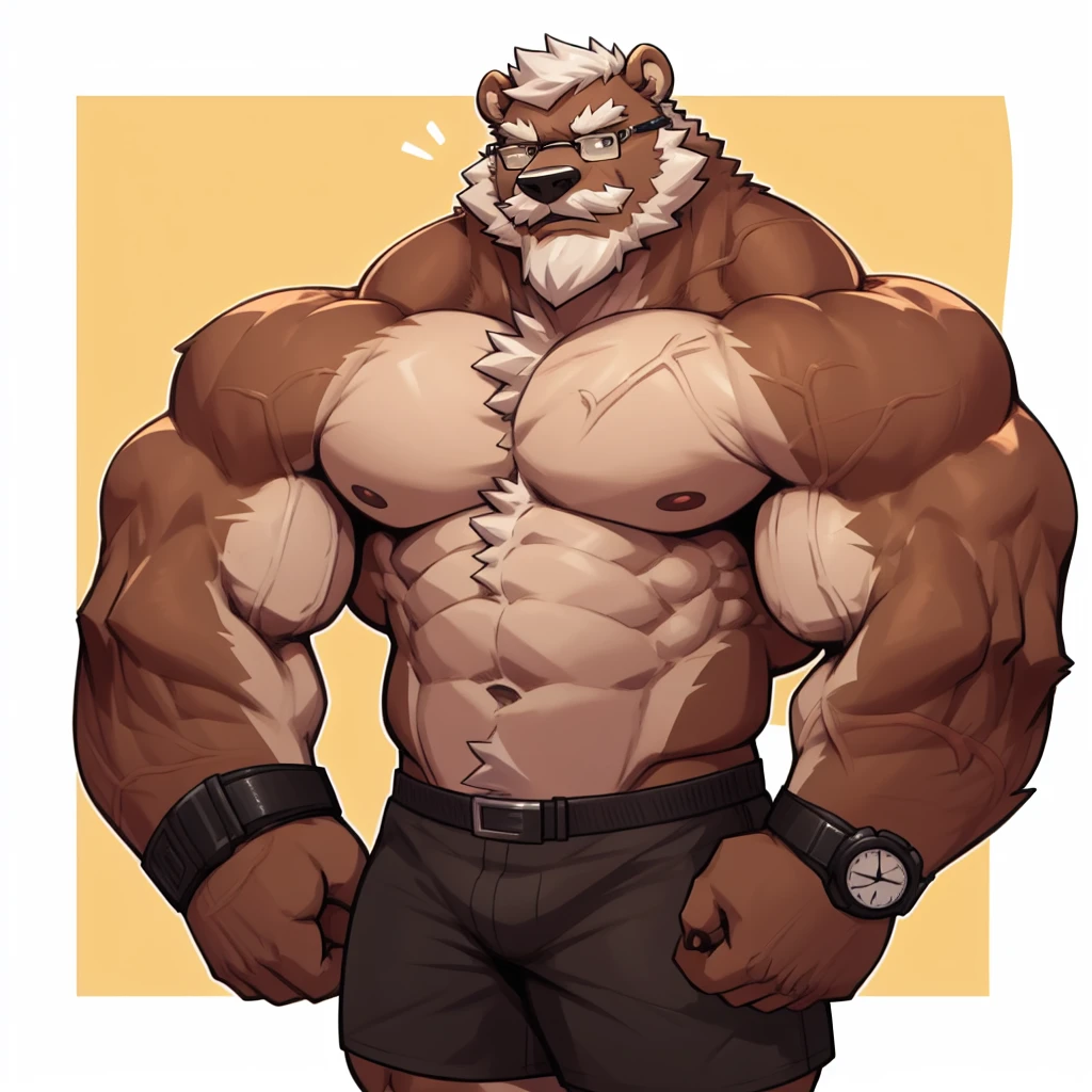 solo, 1boy, Huge Muscular Old Grizzly Bear wearing glasses , pectoral, huge pectoral, wide pectoral, short white hair, short pants, black wristbands, watch and  and , bearded, Mustache, simple background, masterpiece, high detailed, 8k, high resolution, double biceps arms flex, veins popping