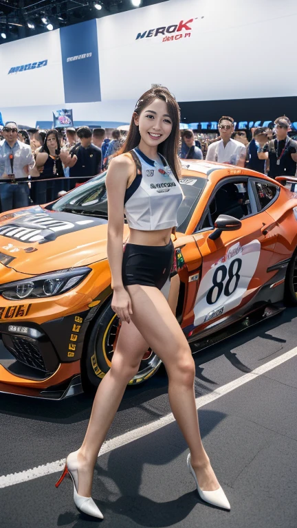 (8K, Ultra-high resolution, Highest quality, Tabletop:1.2),(18-year-old:1.2)、Race Queen、（motor Show）、fellow、Racing Car、Long legs、(Insincere laughter)、(avert your eyes)、8K、Japanese girl&#39;s life々Beautiful portrait、Photorealistic、Ultra-high resolution、Highest quality、 (Big Breasts:1.5, Cleavage:1.8),(High leg)、Earrings、(((Vinyl Mini Skirt Costume)))、(Laotex)、Shiny Costumes、(From below:1.2)、(Makuhari Messe)、(((Toyota、Nissan、Honda、ＢＭＷ，Audi、ford, wait.)))、Stand next to the car、Arms crossed、(Panty shot:1.8)、(High-end cafe:1.4) break (Natural skin texture、Detailed skin、Hyperrealism、Ultra Sharpness)、Intricate details、Depth of written boundary、Dim lighting、Korean Idol、Nogizaka Idol、Gravure idol pose、Fashion model posing