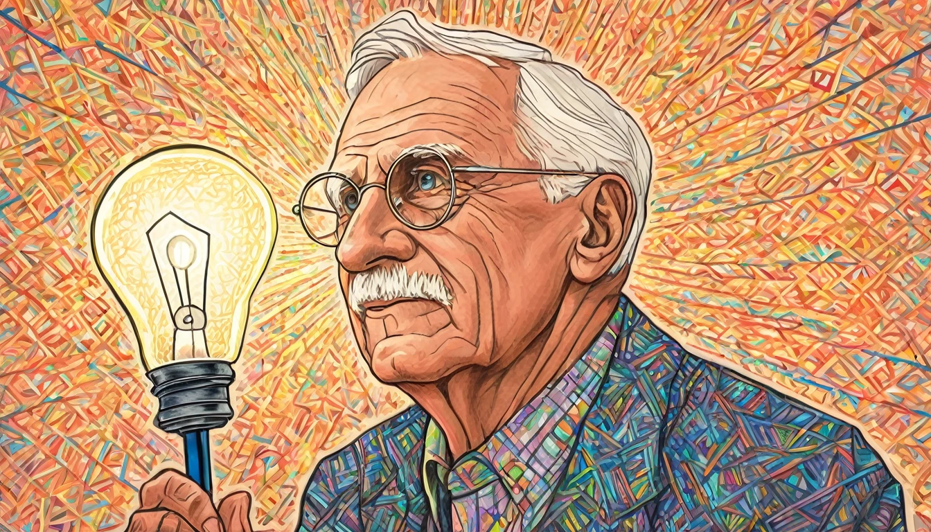 Drawing of Carl Jung having an idea (put a lamp) made with colored pencils, like a t-shirt logo and a colorful geometric art background 