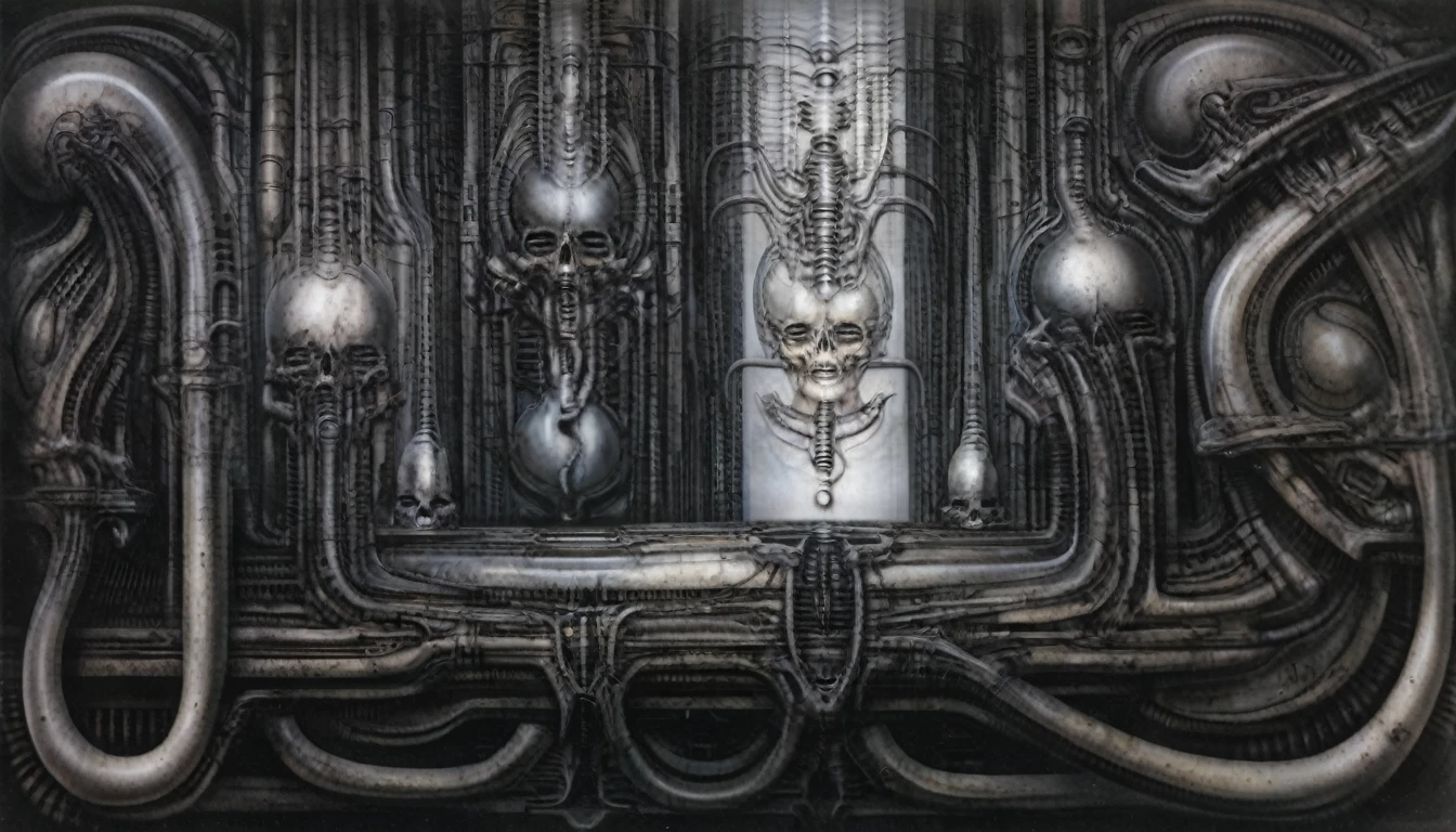 g1g3r t4bl3 The image is a detailed view of H.R. Giger's Tableau \" Biomechanical Landscape No 312 \" plate.
 The image is a  photograph of a complex, abstract bone and ivory structure that resembles pipes and wires. The structure is composed of numerous pipes and wires intertwining and overlapping each other in a chaotic yet harmonious manner.
The style  is clearly biomechanical. Features combination of organic and mechanical forms. Mechanical elements dominate the background of composition, there are subtle organic hints. The use of undersaturated purple-grays dark contrasts creates a stark and graphic look. Is used a variety of linework techniques to create different textures. Fine, parallel lines create a smooth, metallic texture,while thicker, more cursive lines suggest cables or wires. The artwork is shiny and purplish brown, with an ivory bones prominently displayed. The image is highly detailed and intricate, almost like a 3d version of a medical diagram (detailed view of an anatomy sketch, possibly of a humanoid body, with transparent organs and bones exposed). The piece has a thick mechano-organic texture and is covered in fine details. The image has a swirling, organic quality to it. The artistic manner would be unmistakably Gigeresque. A dark and unsettling beauty would permeate the piece, blurring the lines between fascination and repulsion , forever haunted by the grotesque allure. Giger's signature artistic manner would be evident in every stroke. The airbrush would be wielded with masterful precision to create a hyperrealistic yet yet nightmarish aesthetic.
 The texture of ivory with signs of burning and fossilization can be seen in the mix of smooth and rough brushstrokes. By Peter mohrbacher