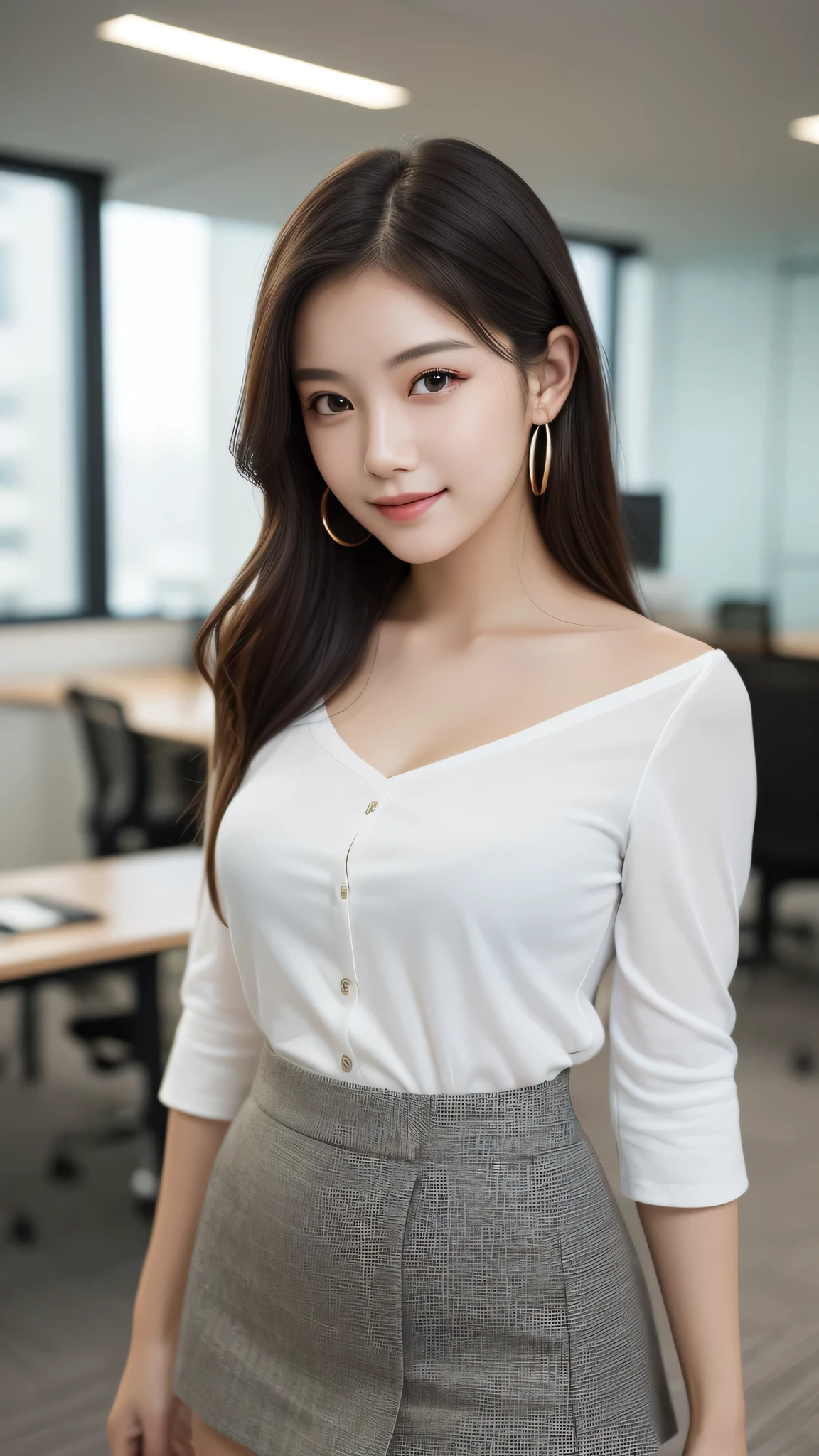 (1girl), (round eyes:1.2), (highly detailed face and eyes), smile, Amazing face and eyes, (No sleeve:1.2), (Best Quality:1.4), (Ultra-detailed), (extremely detailed CG unified 8k wallpaper), Highly detailed, High-definition raw color photos, Professional Photography, Realistic portrait, Amazing face and eyes, indoors, office, (office lady, casual, No sleeve, :1.3), (A moment of relaxation), model, depth of fields, (fine face:1.2),