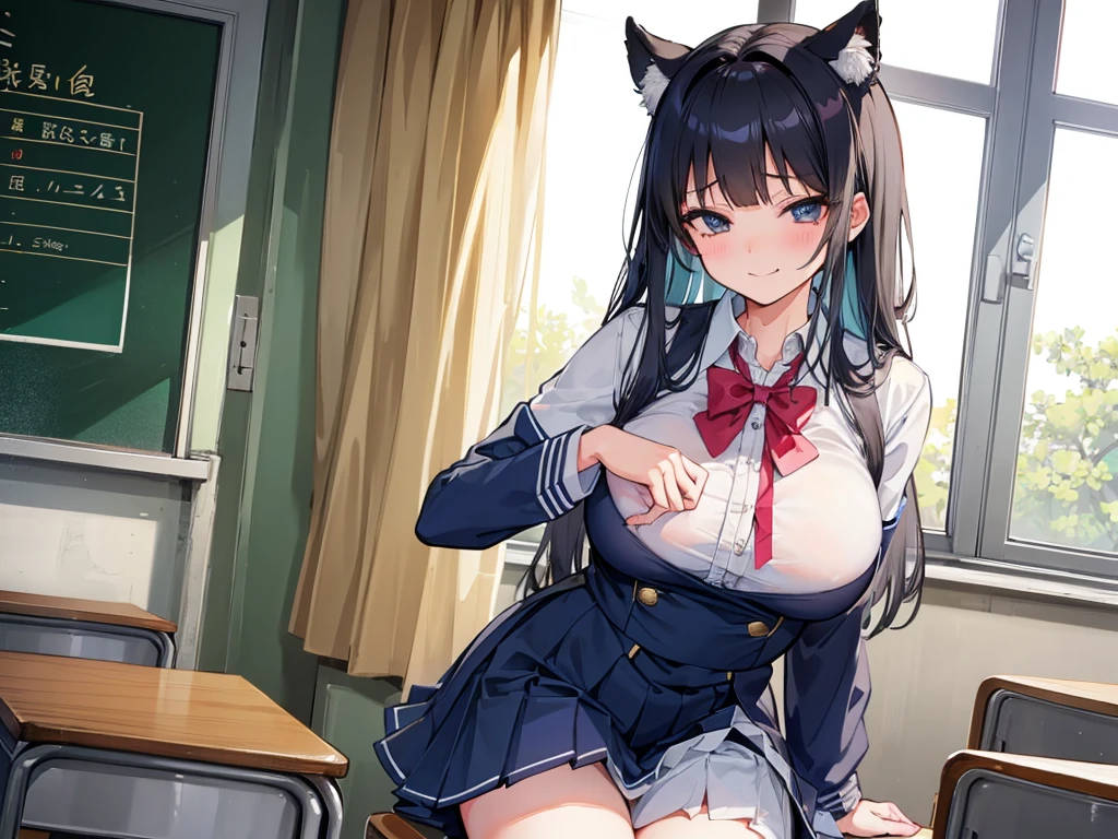 high school girl、In uniform、School classroom、(Big Breasts)、((独奏))、one girl、smirk、