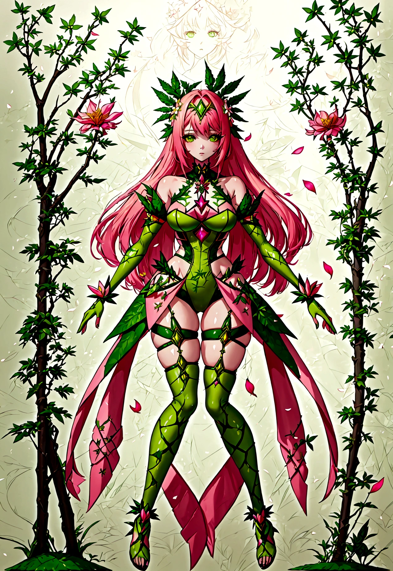 full body photo of a plant girl with an innocent and . She has plant parts coming out of her limbs and several flower petals around her.. has her green and pink outfit inspired by pyra from xenoblade chronicles 2, poison ivy and kobato