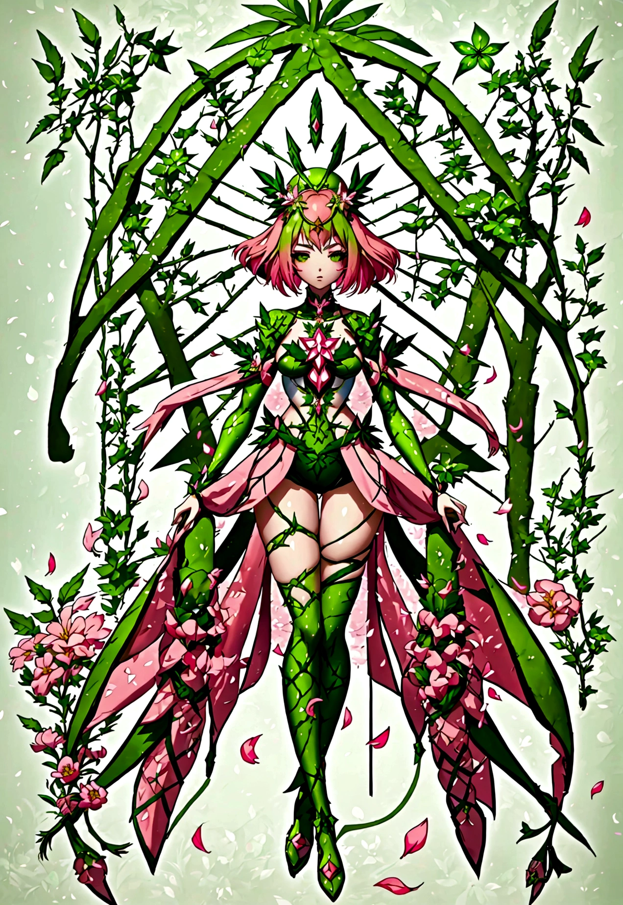 girl with、Araune、(green colored skin)、florals、Colossal tits、a navel、(There are multiple green vines with thorns from the thighs to the chest.)、(Clothes made of spiny vines),(Pink short-cut hair)、white roses、cparted lips、Pointed ears、(fullnude)、(red eyes),(Rose flowers on the neck and hair)