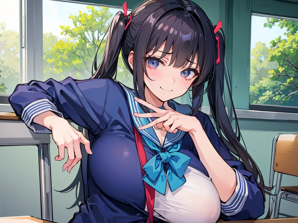 high school girl、In uniform、School classroom、()、((独奏))、one girl、smirk、human