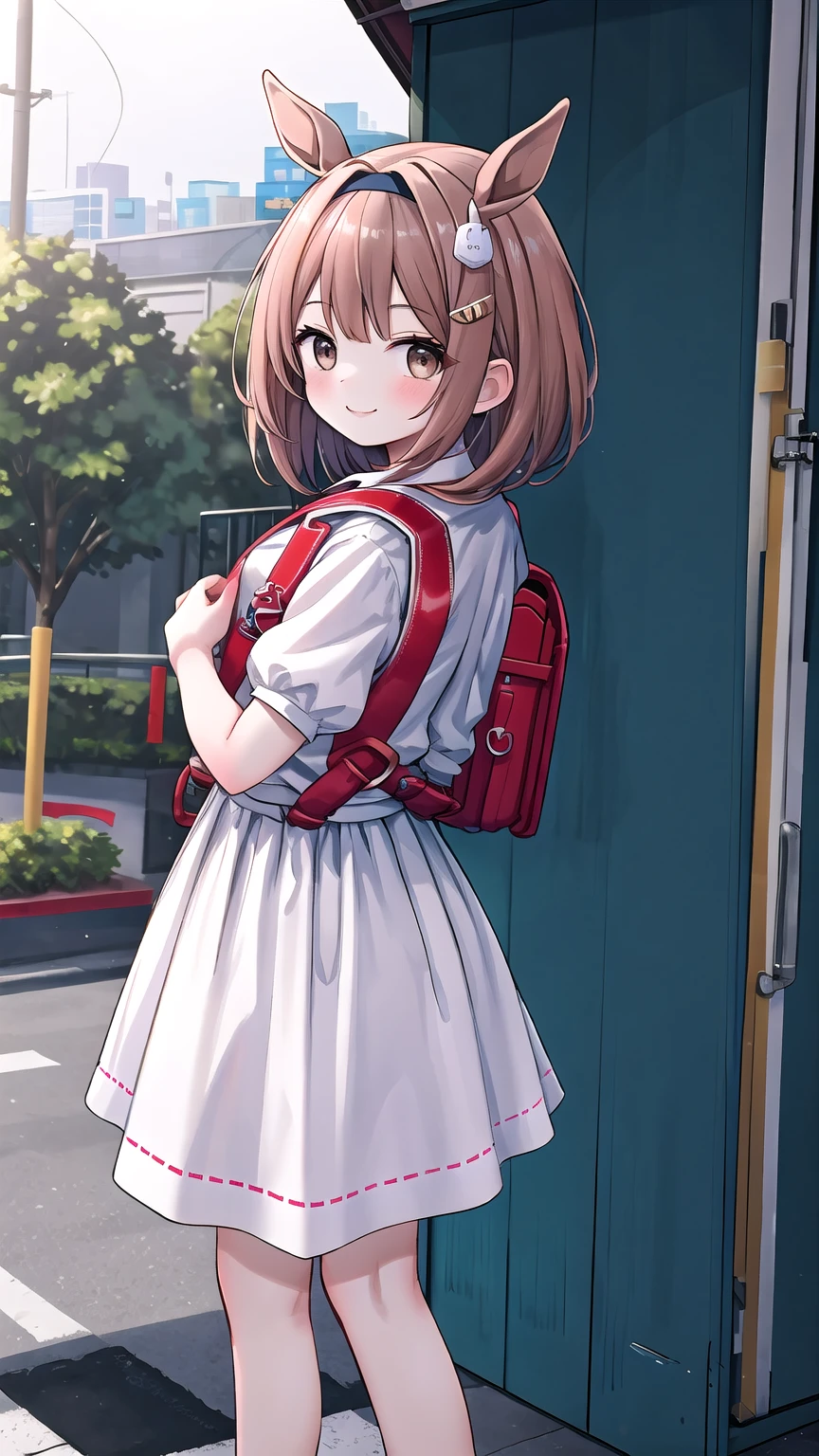 Masterpiece, High Definition, 1 girl, by rubio, Horse tail, hair band, Hair ornaments, Brown eyes, SMILE, halter_dress, wearing red schoolbag, (schoolbag:1.1), standing, exterior 