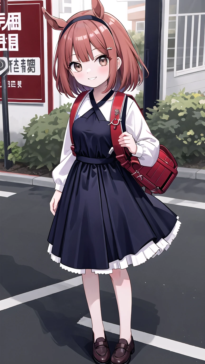 Masterpiece, High Definition, 1 girl, by rubio, Horse tail, hair band, Hair ornaments, Brown eyes, SMILE, halter_dress, wearing red schoolbag, (schoolbag:1.1), standing, exterior