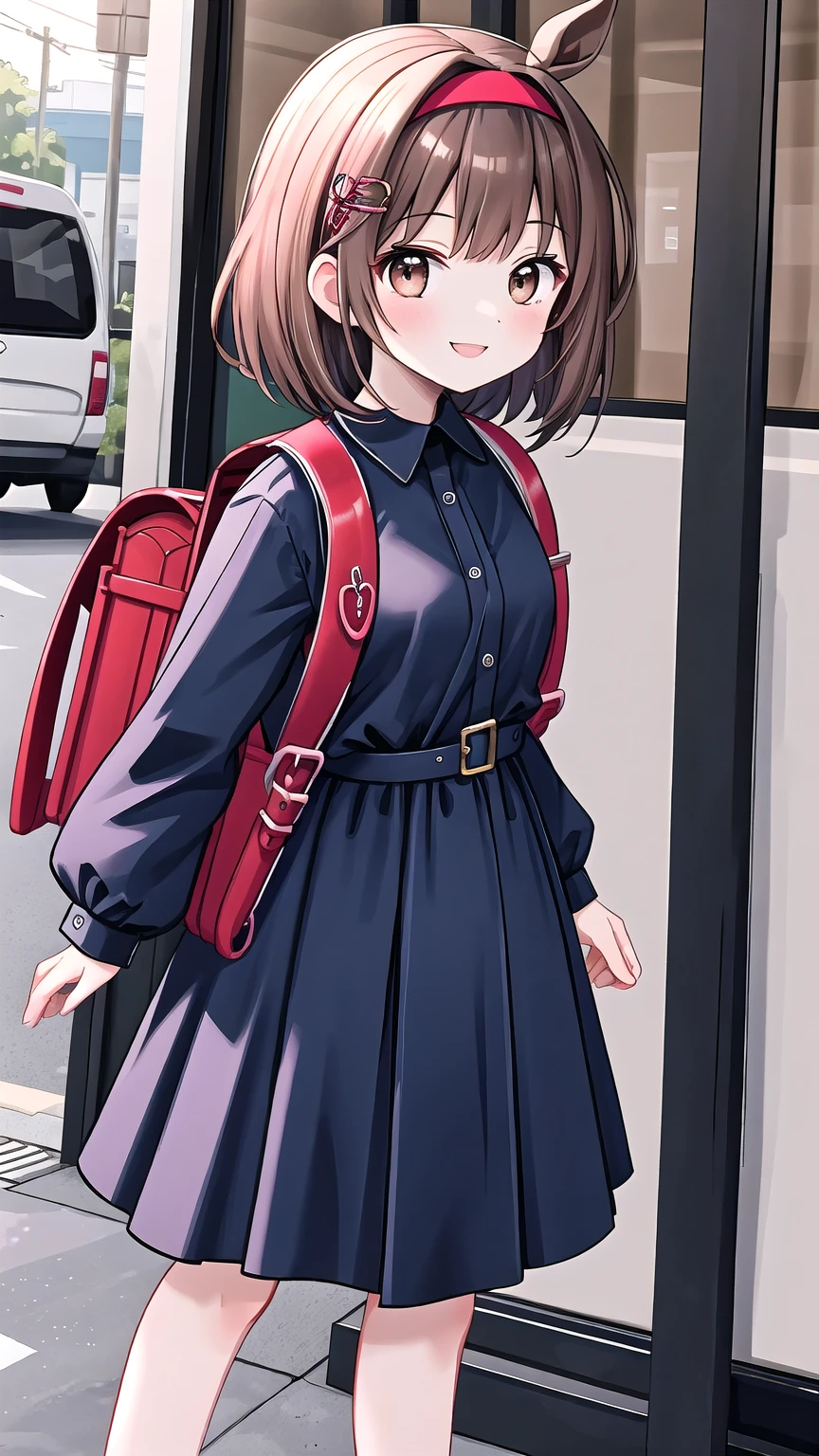 Masterpiece, High Definition, 1 girl, by rubio, Horse tail, hair band, Hair ornaments, Brown eyes, SMILE, halter_dress, wearing red schoolbag, (schoolbag:1.1), standing, exterior 