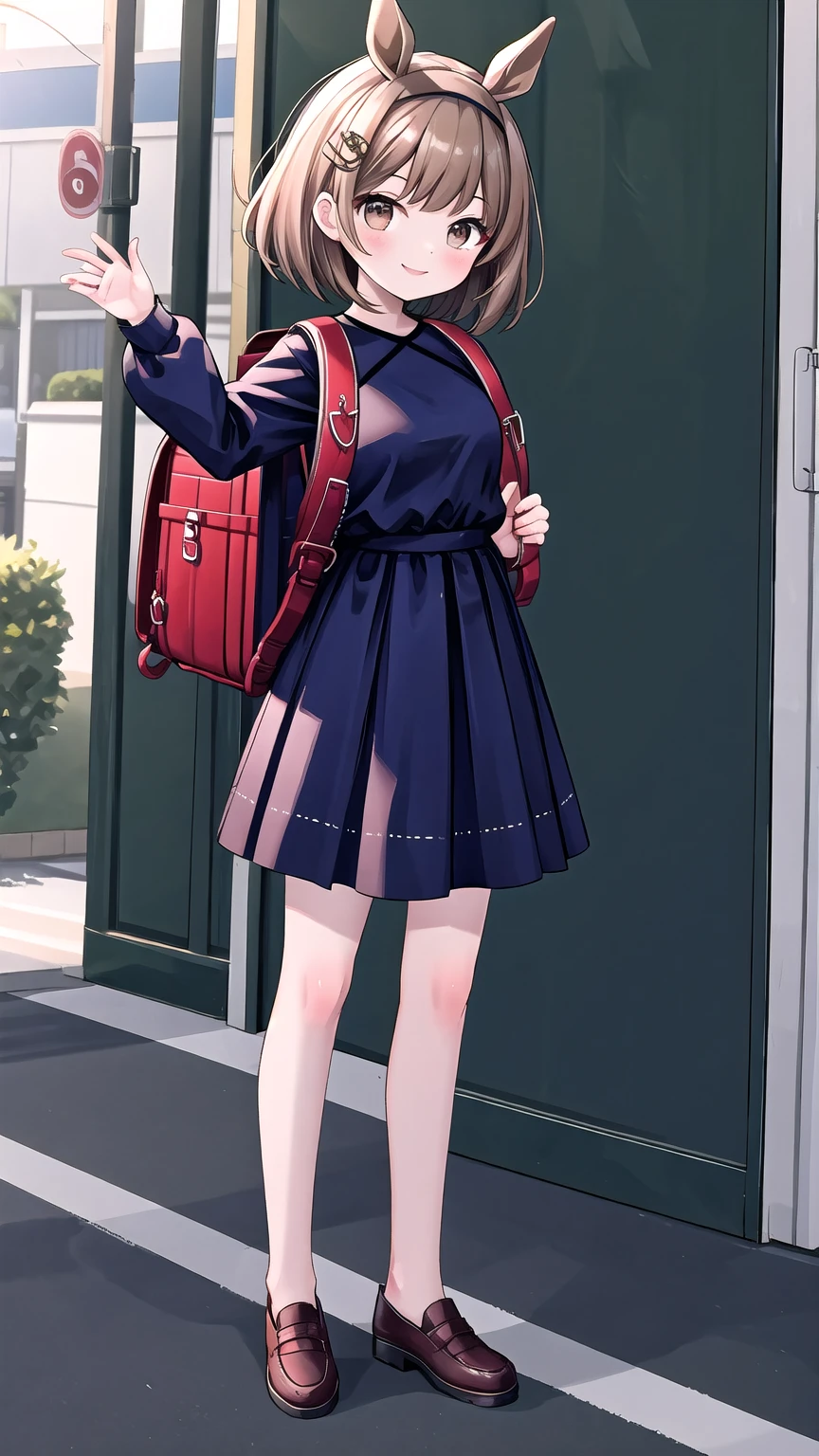 Masterpiece, High Definition, 1 girl, by rubio, Horse tail, hair band, Hair ornaments, Brown eyes, SMILE, halter_dress, wearing red schoolbag, (schoolbag:1.1), standing, exterior
