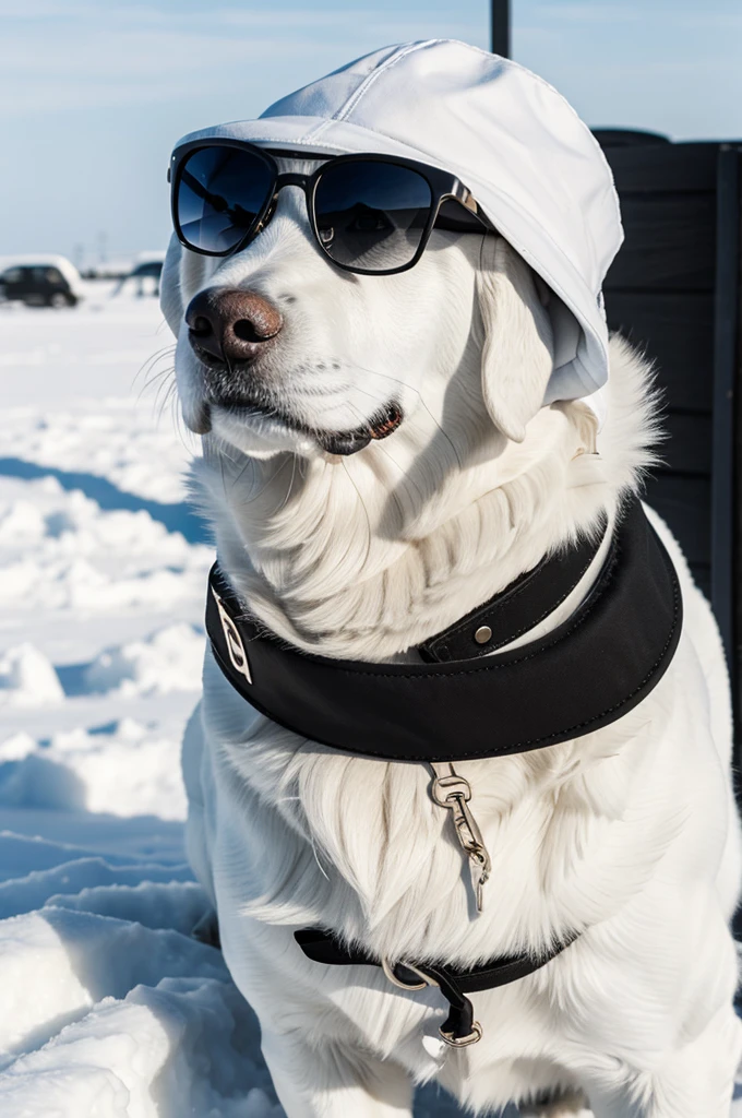 White artic dog with white bucket hat and dark black sunglasses