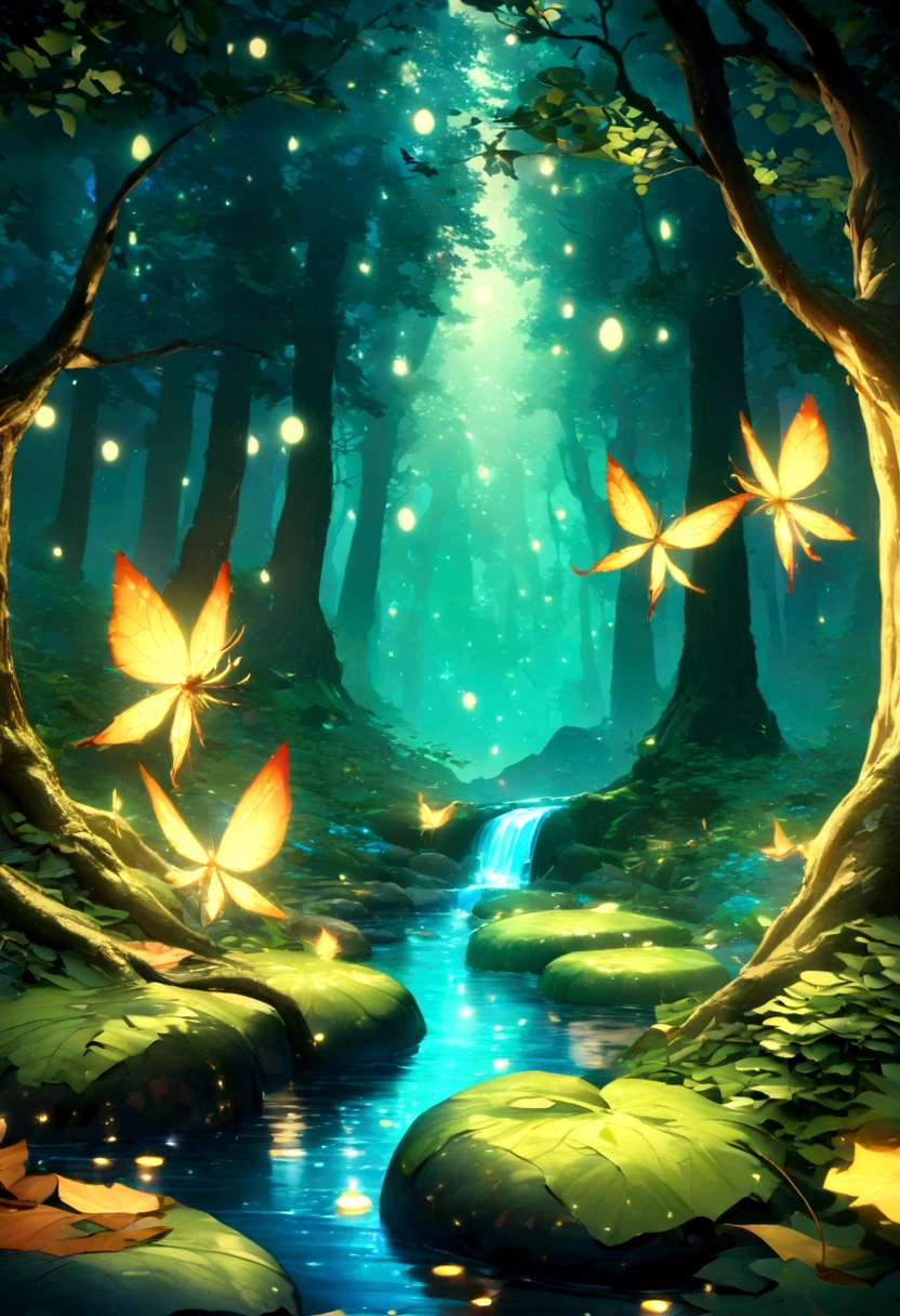 masterpiece, Highest quality, (Very detailed CG Unity 8k 壁紙), (Highest quality), (Best illustrations), (Best Shadow), forest theme with Natural elements. Beautiful and mysterious forest、Tall tree々, Quiet Stream, It is surrounded by delicate foliage and sparkling particle effects with fireflies.,, (Natural elements), (Clear Stream), (leaf), (branch), ( fire Fly), (delicate leaf), (shine), (Particle Effects). , Isometric 3D, Octane Rendering, Ray Tracing, Very detailed