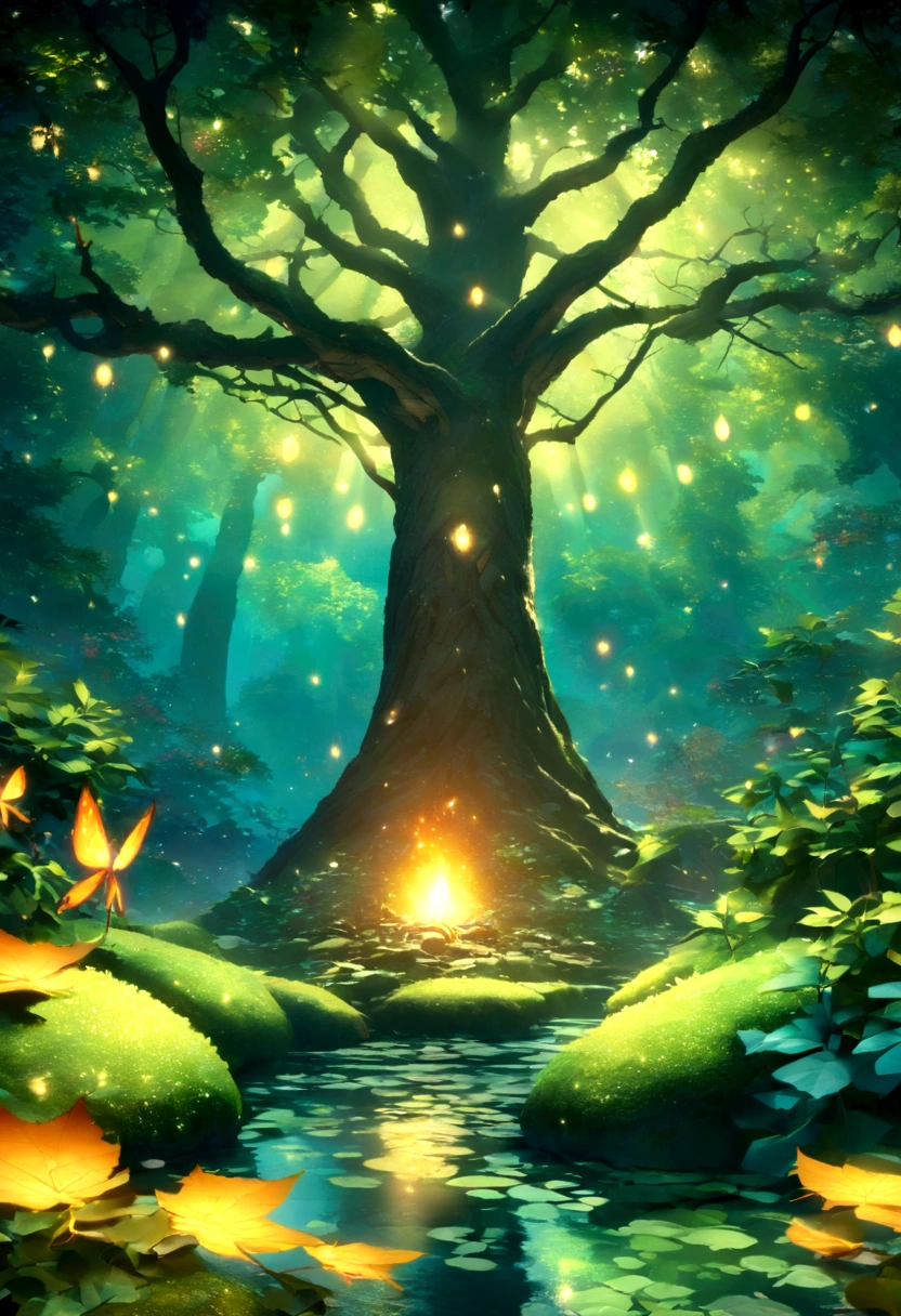 masterpiece, Highest quality, (Very detailed CG Unity 8k 壁紙), (Highest quality), (Best illustrations), (Best Shadow), forest theme with Natural elements. Beautiful and mysterious forest、Tall tree々, Quiet Stream, It is surrounded by delicate foliage and sparkling particle effects with fireflies.,, (Natural elements), (Clear Stream), (leaf), (branch), ( fire Fly), (delicate leaf), (shine), (Particle Effects). , Isometric 3D, Octane Rendering, Ray Tracing, Very detailed