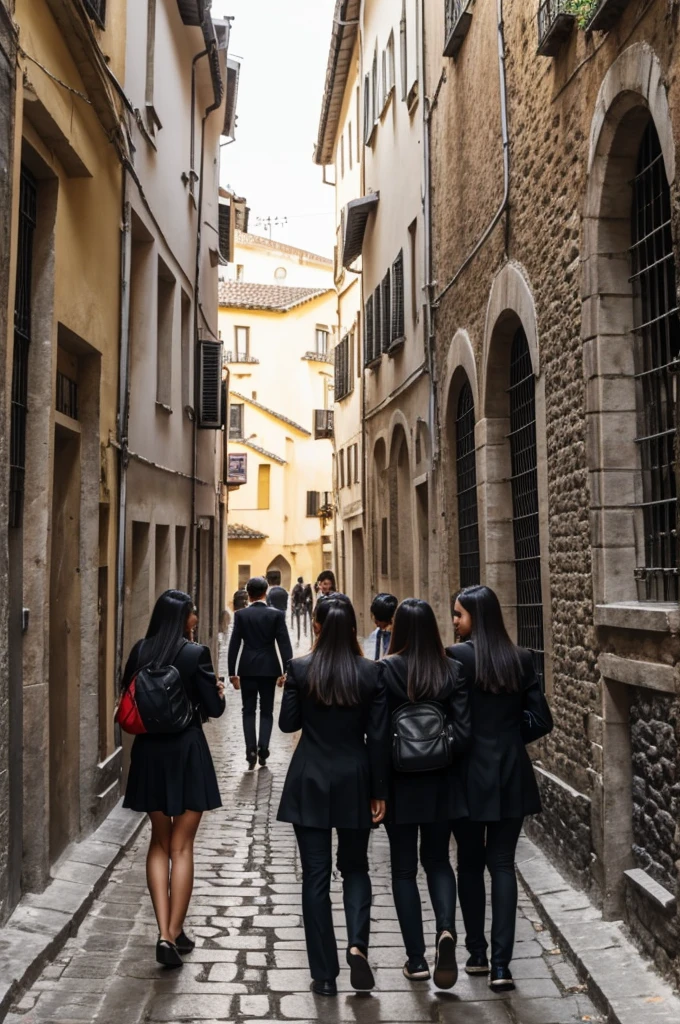 Outing with school friends in black uniforms we went out through narrow streets behind people tourists people working 