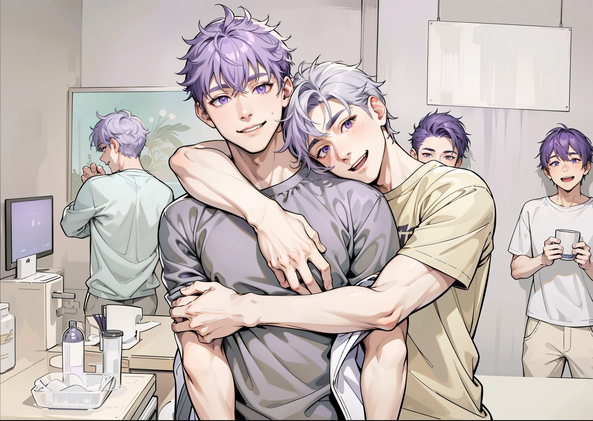 There are two 16-year-old male boys with purple hair and gray hair., purple eyes and gray eyes hug him they smile lovingly his brothers are behind smiling