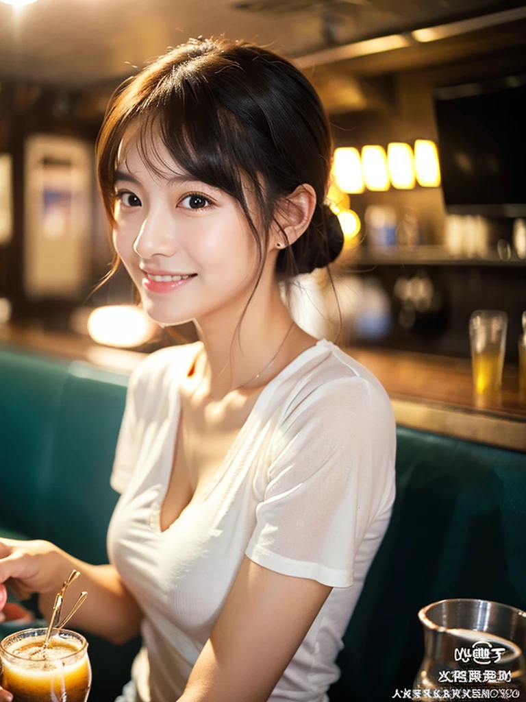 A very cute face like a -yeld idSmiling Kindly　((whole body))　No sleeve　Medium Bust　Cleavage　Stylish evening wine bar　Cinema lighting　Natural light　Artistic　RAW Photos　Genuine　High quality that is indistinguishable from real life　Real Stick　High resolution